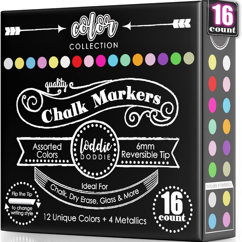 Loddie Doddie Chalk Markers - Pack of 24, 6mm Reversible Tips - Liquid Chalk Pens for Glass Surfaces & Windows - Erasable Pens for Chalkboard Calendar - Non-Toxic Chalkboard Markers