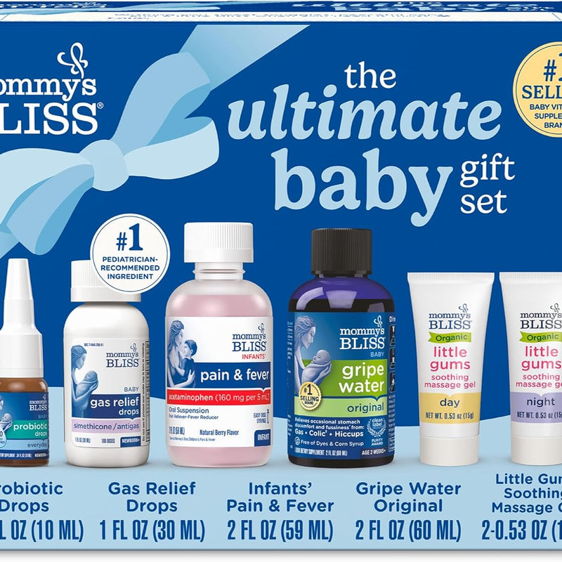 Mommy’s Bliss Ultimate Baby Gift Set | Gripe Water, Probiotic Drops, Pain & Fever Medicine, Gas Relief Drops, and Gum Massage Gel