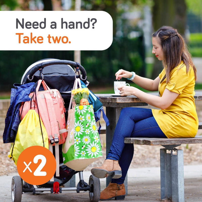 Baby Uma Stroller Hooks for Bags (2 Pack) - Non-Slip, One-Hand Use, 11 lb | These universal stroller clips open one-handed, resist slipping, and each carabiner hook holds 11 lbs—a travel essential.