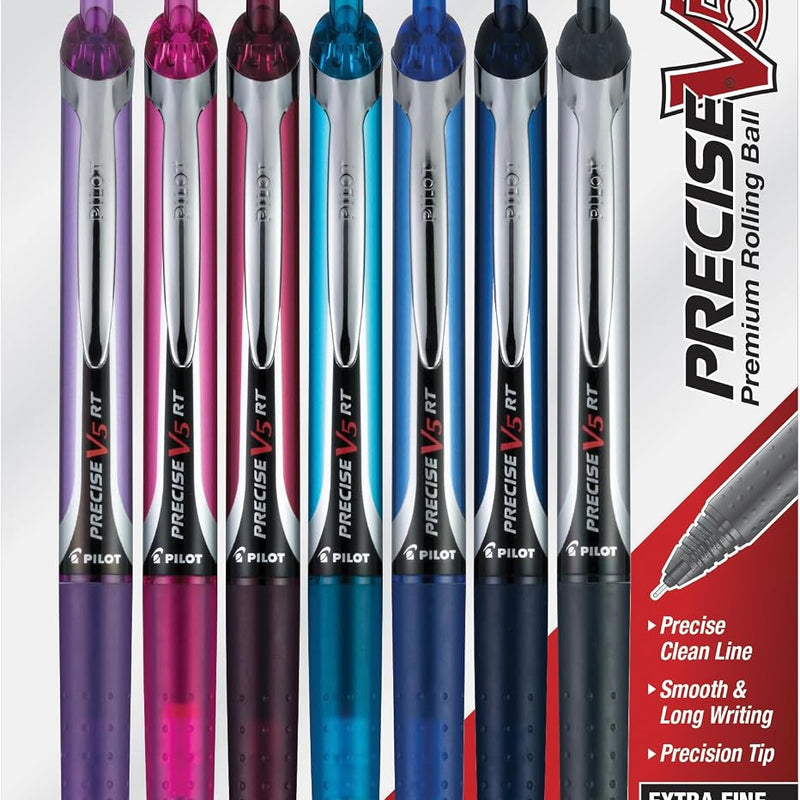 Pilot Precise V5 RT Refillable & Retractable Rolling Ball Pens, Extra Fine Point Pens, 0.5 mm, Assorted, Pack of 7 - Ideal for School, Journaling & Office Writing