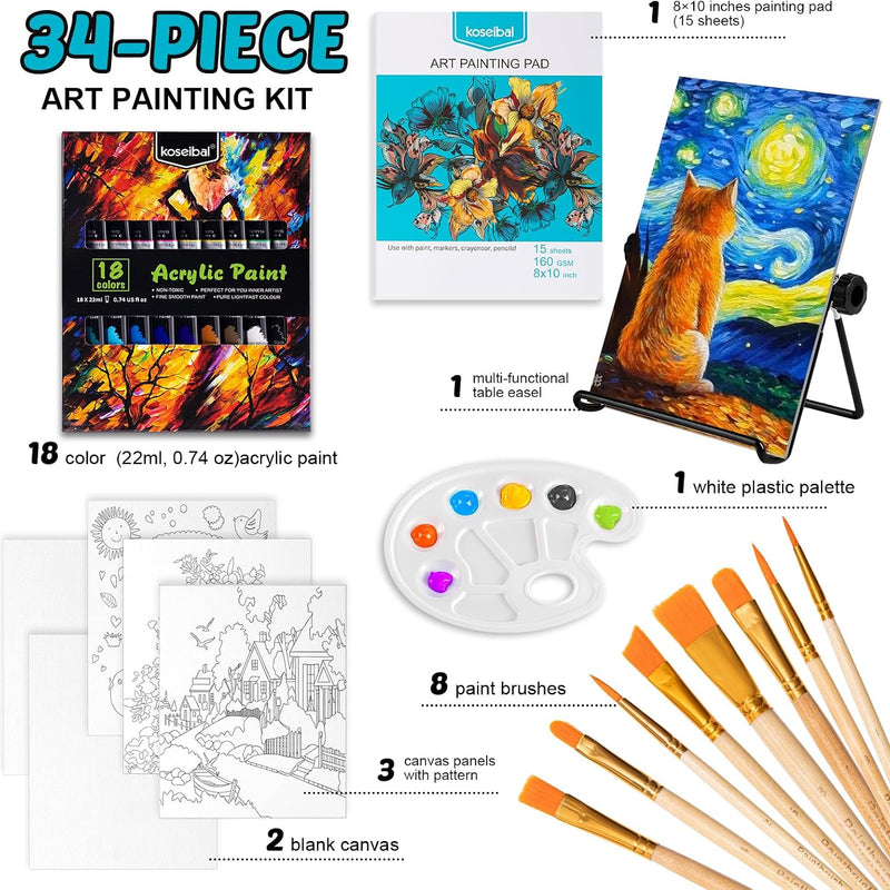 koseibal Acrylic Paint Set for Kids & Adults, Art Supplies Kit with Canvas | Acrylic Painting Supplies Kit Features 18 Vibrant Colors, 5 Canvas panels, 8 Art brushes, Drawing Pad