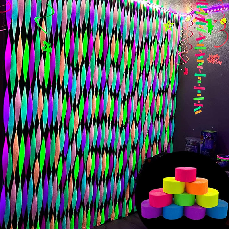 Glow Crepe Paper Streamers: UV Reactive, Neon Party Decor for Blacklight Celebrations
