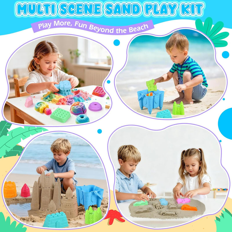 Beach Toys, Creative Sand Toys for Kids Boys and Girls, Sand Castle Building Kit with Stack Castle Buckets, Tools, Mesh Bags, Character Molds for Role Play, Outdoor Toys for Toddlers Kids Ages 3-10