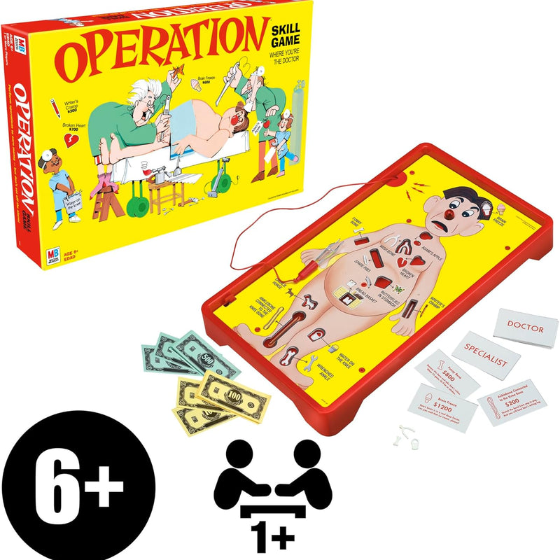 hasbro operation electronic board game for kids ages 6+, family fun party game with tweezers and buzzer