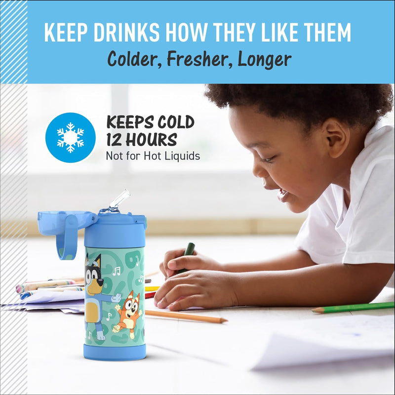 THERMOS FUNTAINER Water Bottle with Straw, 12oz, Bluey | Kids Stainless Steel Insulated Water Bottle, Keeps Drinks Cold Longer for School & Play, BPA-Free