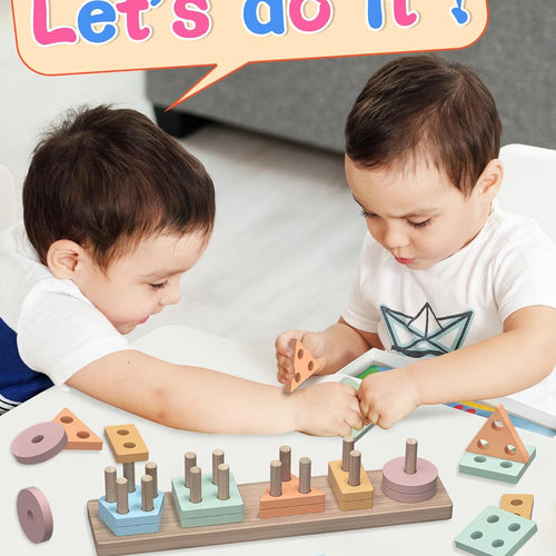kecristv Montessori Toys for 1-3 Year Olds, Shape Sorter Wooden Toys for Toddlers, Learning Educational Sensory Stacking Toy