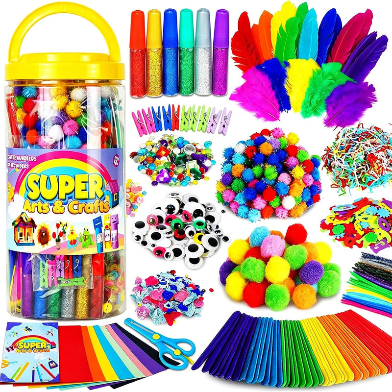 FUNZBO Arts and Crafts Supplies for Kids - Toddler DIY Craft Set | with Glitter Glue Sticks, Pipe Cleaners, Pom Poms , Popsicle Sticks Tools for School, Birthday Gifts for Boys & Girls Ages 4+