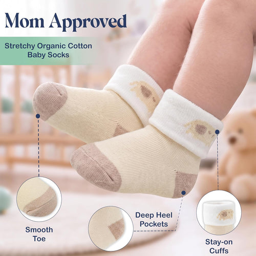 Organic Cotton Blend 12 Newborn Baby Socks 0-6 M Unisex Registry | Oeko-Tex Certified, Ankle Socks, 12 Pairs, Baby Socks With Grips, Baby Girl Socks, Brown Socks, Unisex Design, 0-6 Months