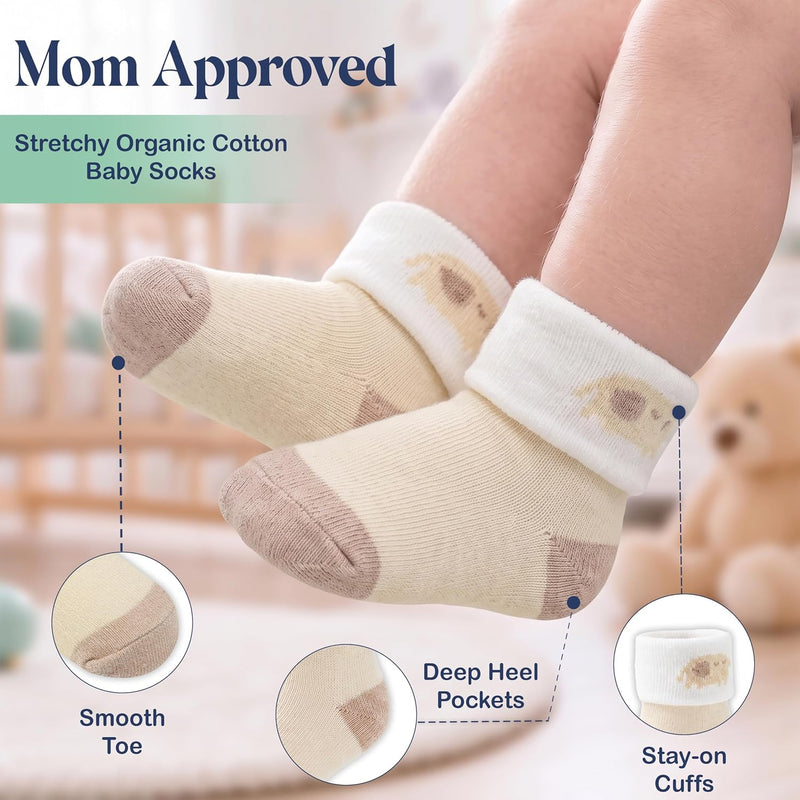 Organic Cotton Blend 12 Newborn Baby Socks 0-6 M Unisex Registry | Oeko-Tex Certified, Ankle Socks, 12 Pairs, Baby Socks With Grips, Baby Girl Socks, Brown Socks, Unisex Design, 0-6 Months