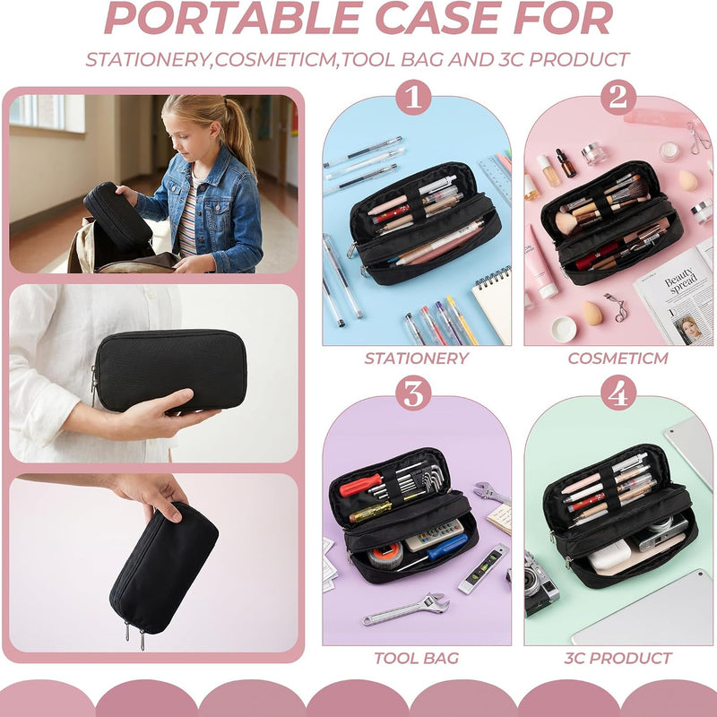 Della Gao Large Pencil Case, Big Capacity Pencil Pouch with 2 Compartments, Office Pencil Bag with Zipper, Big Pen Case for Adults (01-Black)
