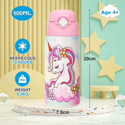 Girls Insulated Water Bottle with Covered Pop-Up Straw,16 oz Kids Cups with Stainless Steel Leak Proof for School Pink（Unicorn）