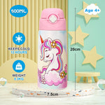 Girls Insulated Water Bottle with Covered Pop-Up Straw,16 oz Kids Cups with Stainless Steel Leak Proof for School Pink（Unicorn）