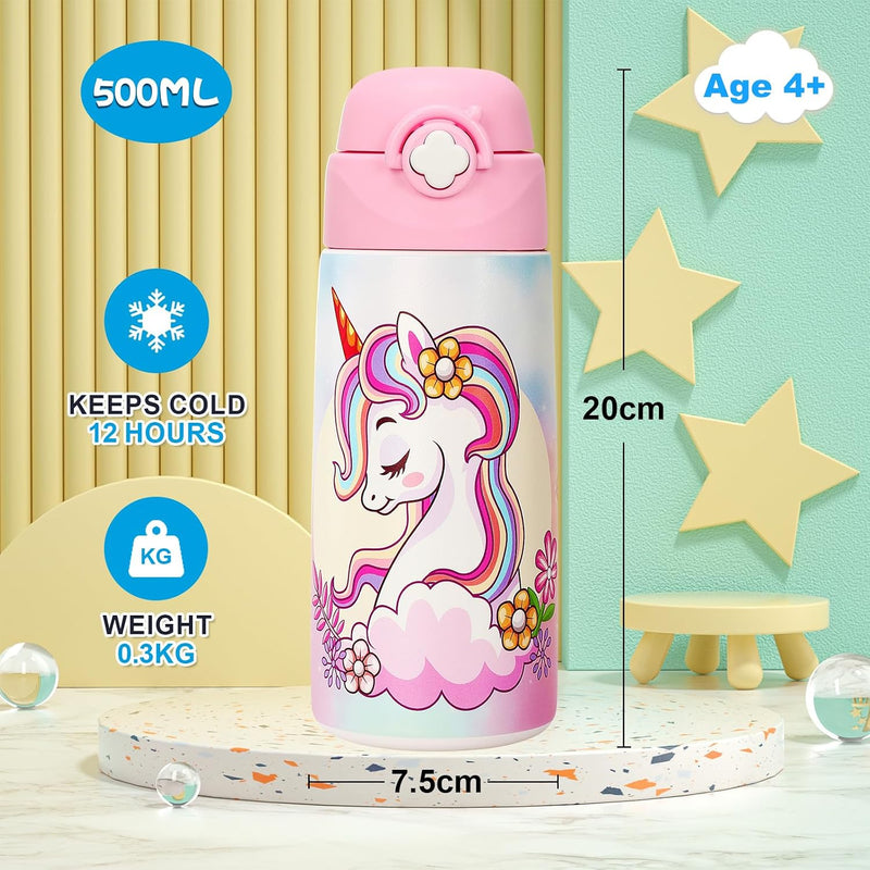 Girls Insulated Water Bottle with Covered Pop-Up Straw,16 oz Kids Cups with Stainless Steel Leak Proof for School Pink（Unicorn）