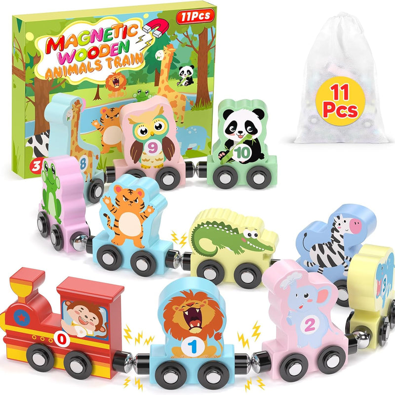 wooden 11 pc magnetic train set for 1-3 years old toddlers, montessori toys, educational sensory gifts, non-toxic wood