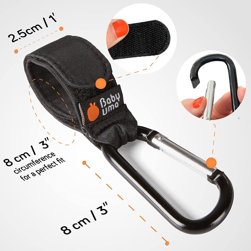 Baby Uma Stroller Hooks for Bags (2 Pack) - Non-Slip, One-Hand Use, 11 lb | These universal stroller clips open one-handed, resist slipping, and each carabiner hook holds 11 lbs—a travel essential.