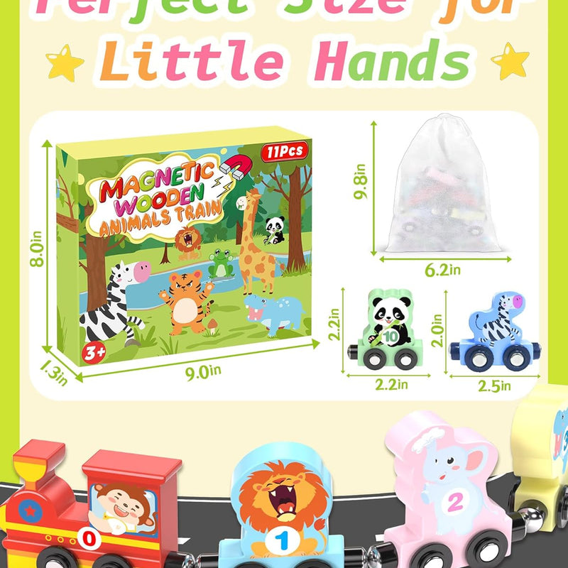 wooden 11 pc magnetic train set for 1-3 years old toddlers, montessori toys, educational sensory gifts, non-toxic wood