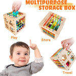HELLOWOOD Montessori Toys for 1+ Year Old, Wooden Sorter Cube with 8pcs Rattling Shapes, Developmental Learning Toy Gifts for Baby Toddler Boys Girls, Gift Packaging