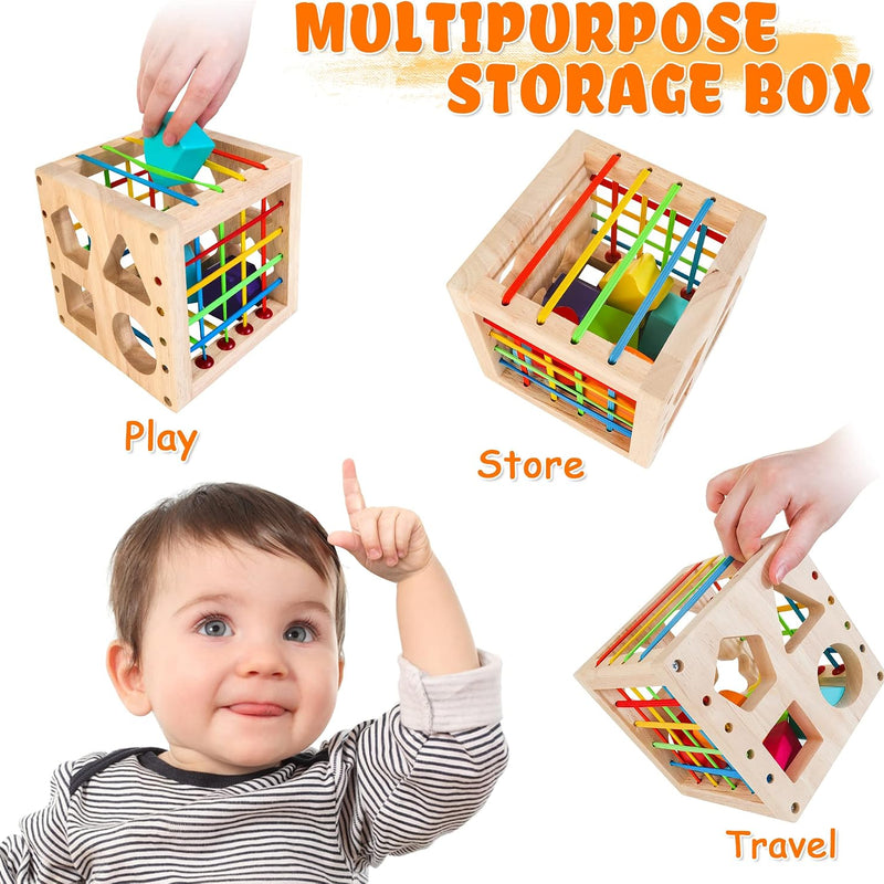 HELLOWOOD Montessori Toys for 1+ Year Old, Wooden Sorter Cube with 8pcs Rattling Shapes, Developmental Learning Toy Gifts for Baby Toddler Boys Girls, Gift Packaging