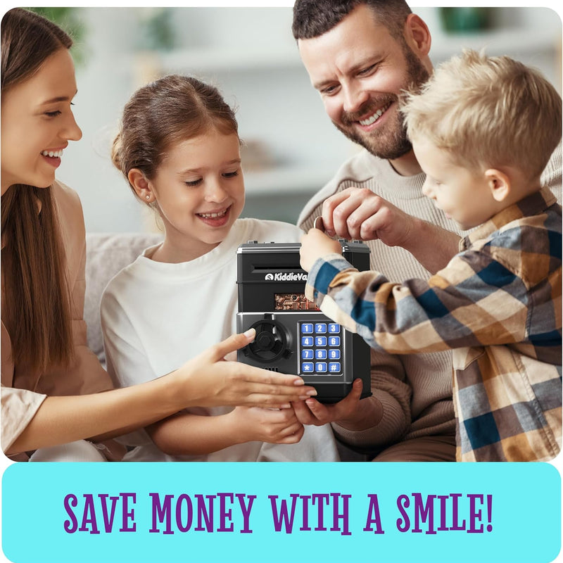 KiddieVault - Electronic Money Saving Box with Code, Automatic Bill Feeder, Lights & Sounds for Kids 3-12