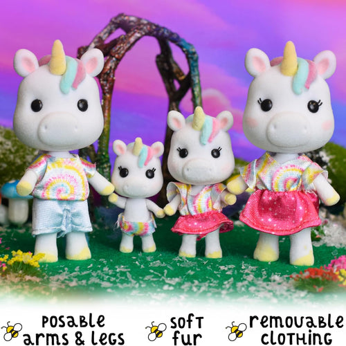 Sunny Days Entertainment Honey Bee Acres Rainbow Ridge Daydreamers Unicorn Family – 4 Miniature Flocked Dolls | Small Fantasy Collectible Figures | Pretend Play Toys for Kids