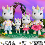 Sunny Days Entertainment Honey Bee Acres Rainbow Ridge Daydreamers Unicorn Family – 4 Miniature Flocked Dolls | Small Fantasy Collectible Figures | Pretend Play Toys for Kids