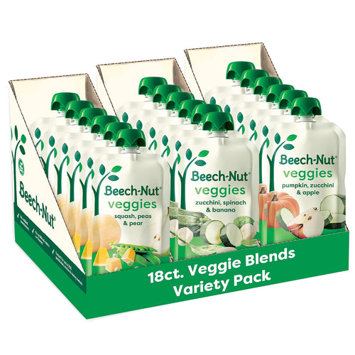 Beech-Nut Stage 2 Baby Food Pouch Variety Pack, Veggie Purees, 18 Pouches | Real Fruit & Veggies Baby Food Pouches, 1 Full Serving of Veggies Per Pouch, No Added Sweeteners, No Artificial Preservatives