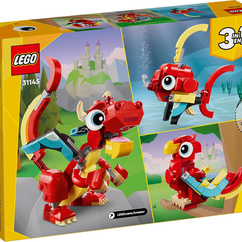 LEGO Creator 3 in 1 Red Dragon Toy, Builds into Fish and Phoenix, Ages 6 and Up, 31145