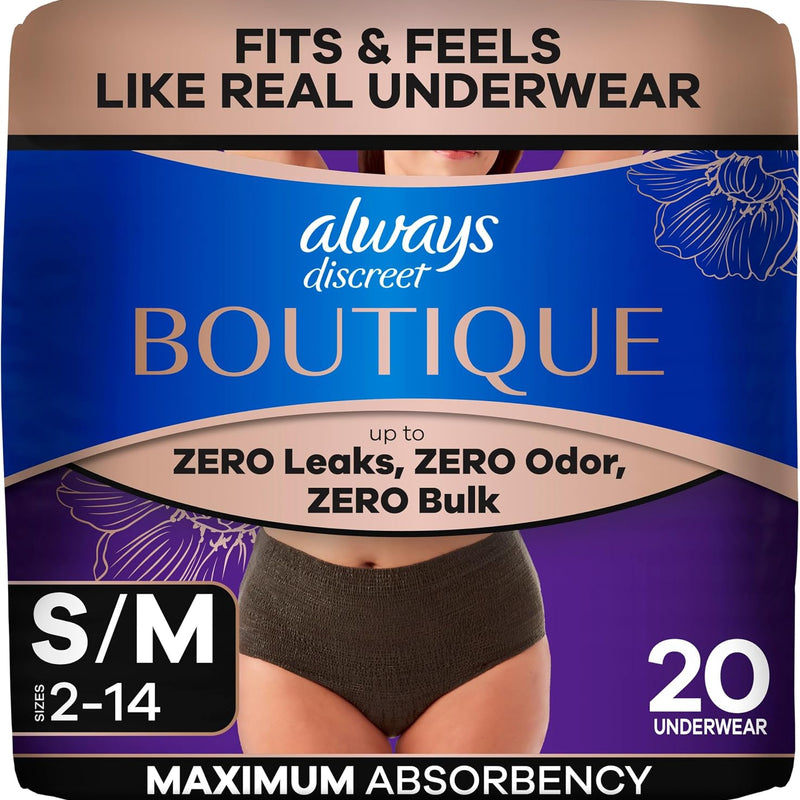 Always Discreet Boutique Incontinence and Postpartum Underwear for Women, Maximum Protection, Small/Medium, Black, 20 Count