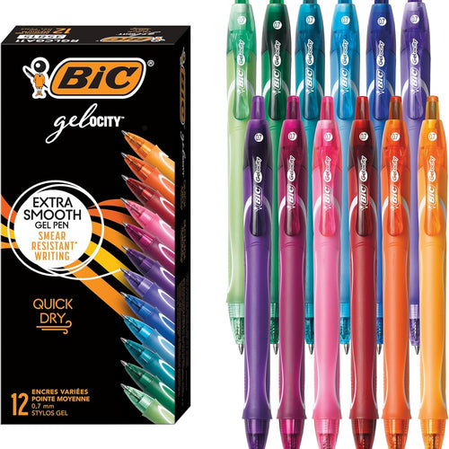 BIC Gelocity Quick Dry Assorted Colors Gel Pens, Medium Point (0.7 mm), School Supplies for Color-Coding Notes, with Full Grip, 12-Count Pack in Assorted Colors