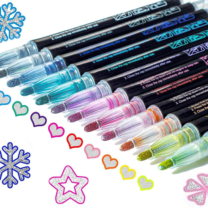 Glitter Markers Self Outline Pens Metallic: 12 Shimmer Tween Teen Girl Gifts Trendy Stuff,Drawing Art Supplies Kids 6-8 9-12 10-12,Arts Crafts Kids Ages 8-12 Year Old,Cute Cool Fun Crafts Girls 8-12