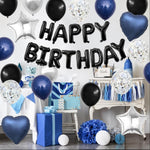 Navy Blue and Black Birthday Decorations for Men,Blue Black White Balloons Happy Birthdays Balloon Banner Silver Confetti Balloons for Men Boy Girls Women Adults Birthday Party Decorations