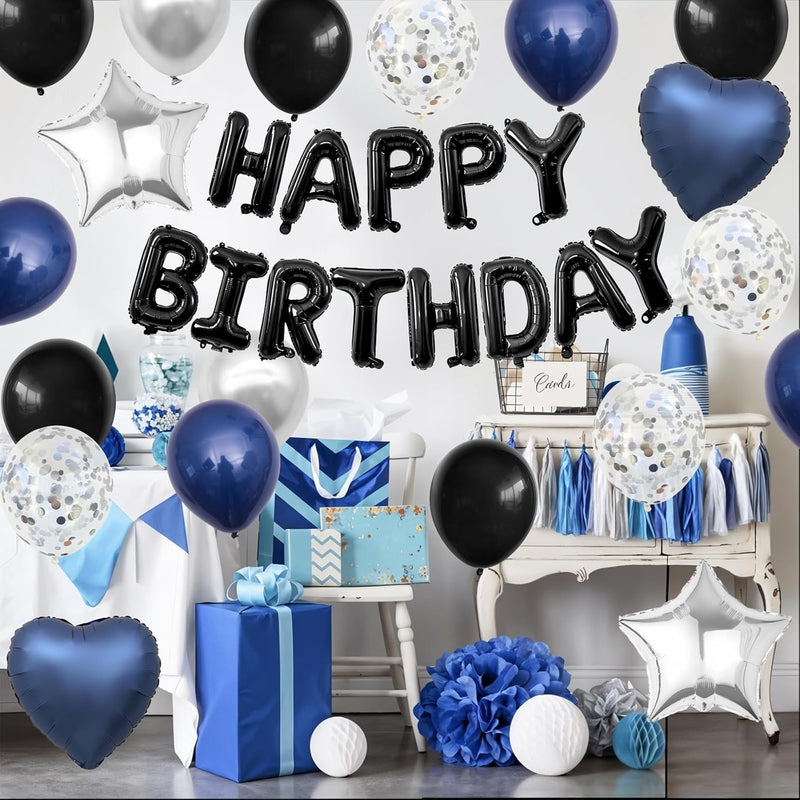 Navy Blue and Black Birthday Decorations for Men,Blue Black White Balloons Happy Birthdays Balloon Banner Silver Confetti Balloons for Men Boy Girls Women Adults Birthday Party Decorations