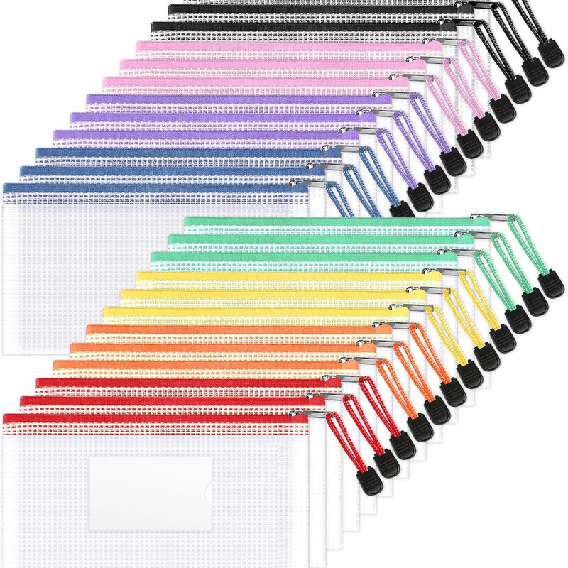Sooez 24 Pack Mesh Zipper Pouch Bags with Label Pocket, A6 (9.1×4.7 in) Small Pencil Case Pouch for Organizing, Clear Plastic Pencil Pouches Bulk for School Supplies Storage, Money Envelopes for Cash