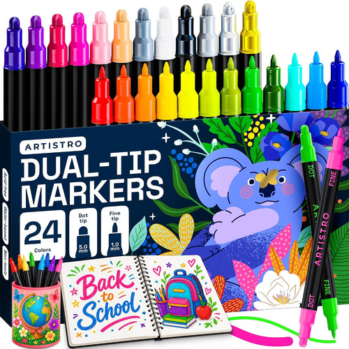 ARTISTRO 24 Precision Dual-Tip Acrylic Paint Markers – Paint Pens Set with Dot & Fine Tips for Fabric, Rock, Glass, Wood, Coloring Books – Arts & Crafts Gift – Classroom Must Haves & School Supplies