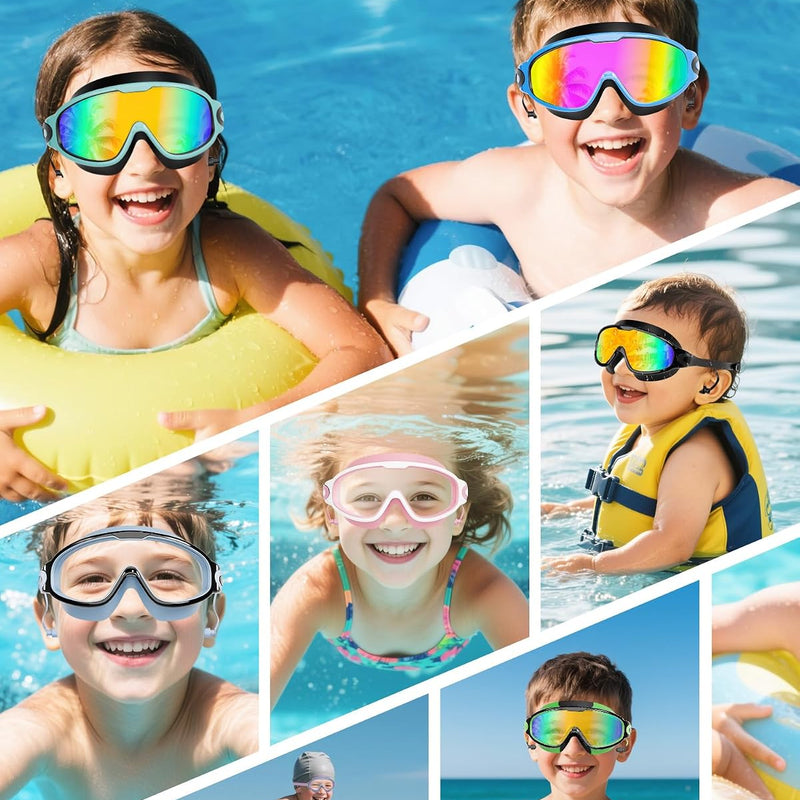 Aegend New Kids 2 Pack Wide View Swim Goggles, Anti-Fog/UV No Leak Goggles with Ear Plugs Kids 3-14