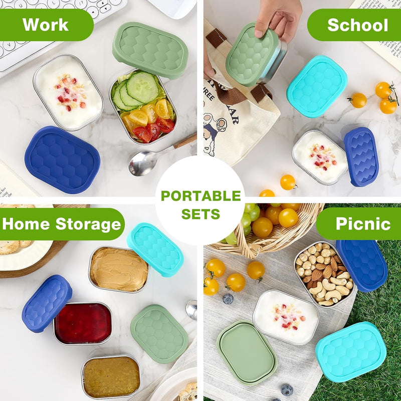Gencywe® 3 Pack Stainless Steel Snack Containers for Kids, 8 oz Easy Open Leak Proof Small Toddler Snack Containers with Silicone Lids, Stackable Metal Lunch Box for Daycare and School (Blue)