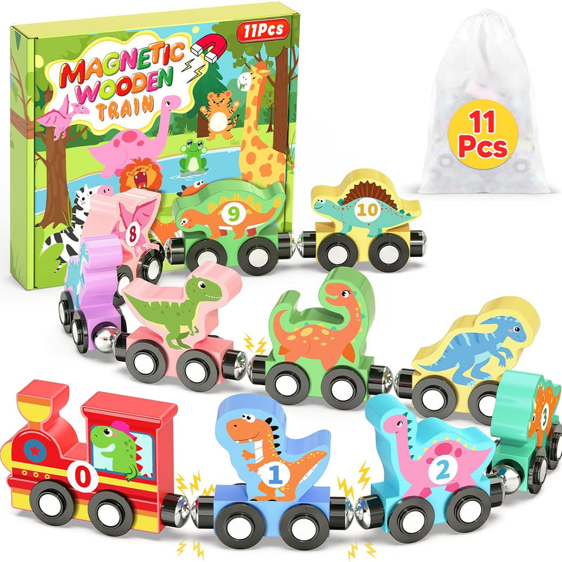 wooden 11 pc magnetic train set for 1-3 years old toddlers, montessori toys, educational sensory gifts, non-toxic wood