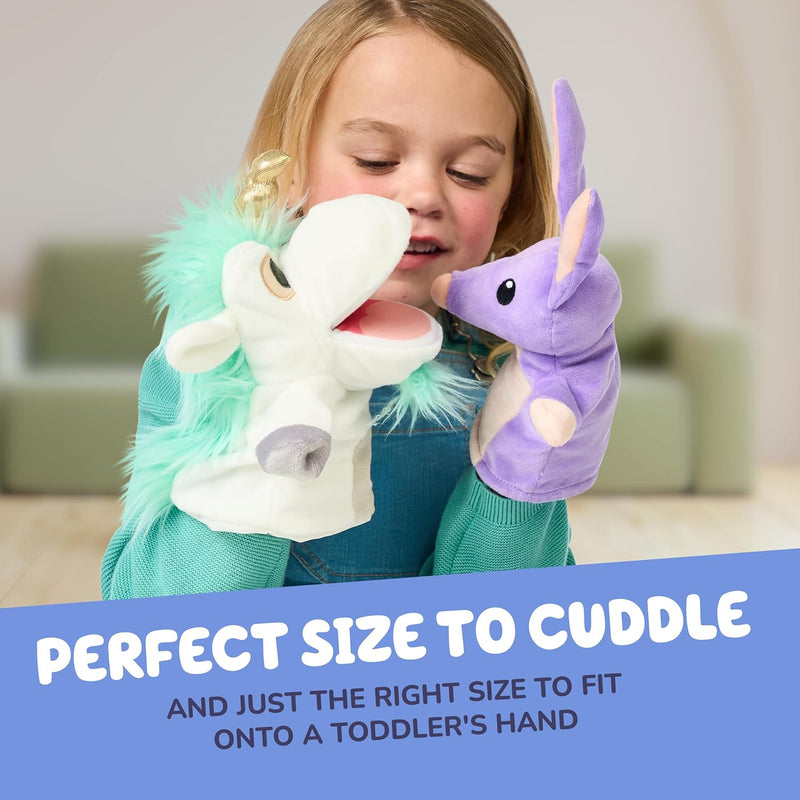 Official Bluey Unicorse & Bob Bilby Hand Puppet Plush 2-Pack | 8-9 Inch Deluxe Soft Fabric Toddler Toys with Embroidered Details for Imaginative Play & Storytime Fun.