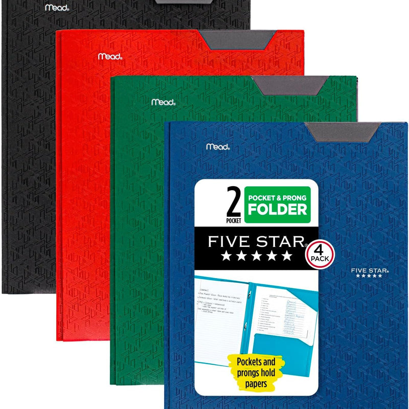 Five Star 2-Pocket Plastic Folder with Stay-Put Tabs and Prong Fasteners, Holds 8.5" x 11" Paper, Assorted Colors, 4 Pack (340300A)