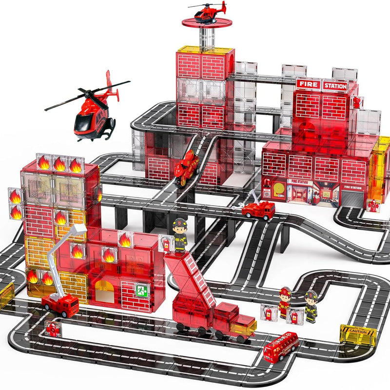 Magnetic Tiles for Kids, 56PCS Construction Magnet Tiles with Fire Truck Station, Building, Road, Crane, Car Truck - STEM Magnetic Blocks for Kids Ages 4-8, Toys for 4 5 Year Old Boys Birthday Gifts