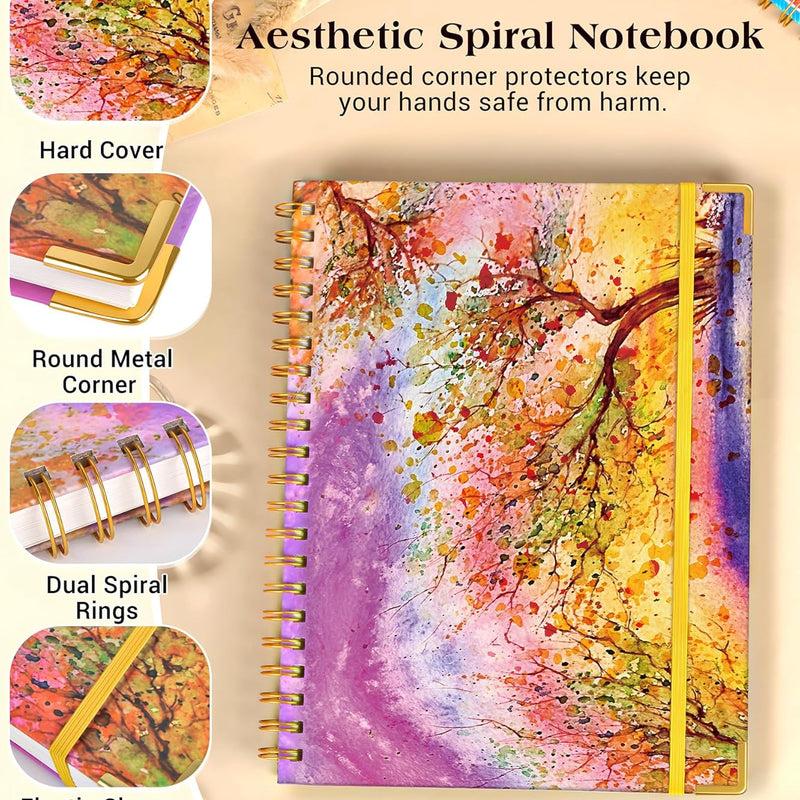 Lined Spiral Notebook Journal for Women, 150 Pages Cute Notebooks 5.75” x 8.38”, A5 Hardcover Spiral Journals with 100 GSM Thick Paper, College Ruled Notebook for Writing Work School, Autumn Tree