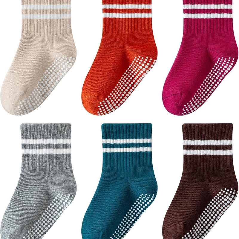 Toddler Grip Socks with Non-Slip Unisex Baby Stripe Crew Cotton Socks | Retro Seamless Ankle Socks for Girls Boys 6 Pairs