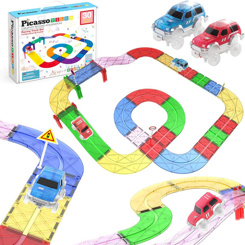 PicassoTiles Race Track Magnetic Tiles Car Toy Fun Playset Includes 2 Racing Trucks Racecars STEM Educational Magnet Building Block Construction Set for Toddlers Boys Girls Ages 3 and Older PTR30