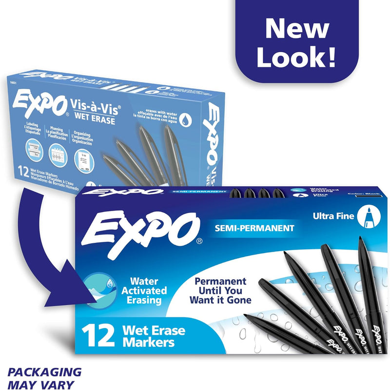 EXPO Wet Erase Markers, Semi-Permanent, Black, Ultra Fine Tip, 12 Count - For Writing on Glass, Whiteboards, Mirrors, Calendar, Labeling, Organizing