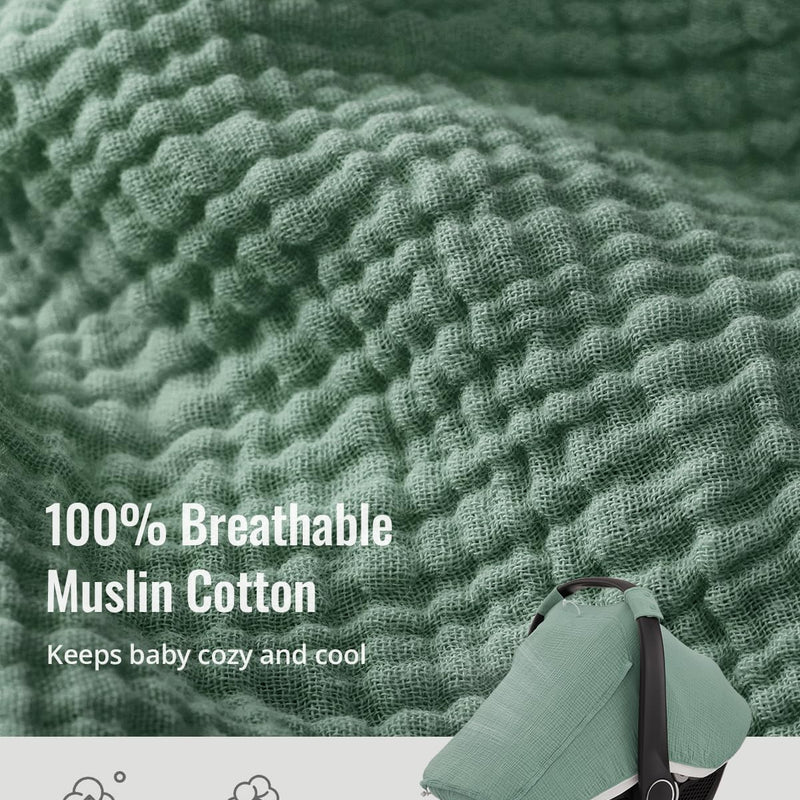 Blissful Diary Baby Car Seat Cover, Extra Large Mesh Window, Breathable Muslin Cotton, Infant Windproof Canopy, Must-Have Baby Gift - Roman Green