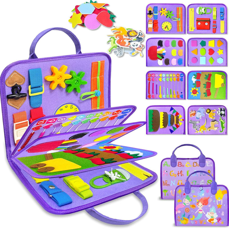 Exorany 8-Page Busy Board for Toddler Girl, Sensory Learning Toy with 20+ Activities, Soft Felt Material, Lightweight and Compact Design