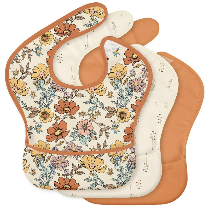 3 Pack Waterproof Baby Bibs for Eating, Mess Proof Feeding Bib | Lightweight & Wipeable Toddler Food Bibs, Large Catch-All Pocket, Food-Grade Baby Eating Essentials Gifts, Black Cherkerd