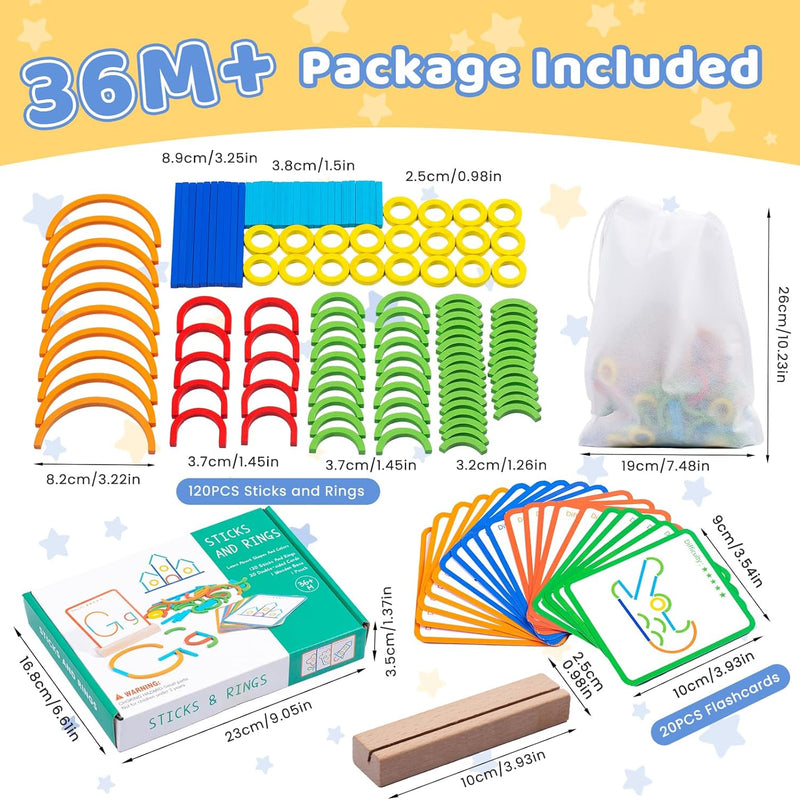 142pcs Wooden Pattern Blocks Montessori STEM Toy for 3-5 Years Old Kids, Made in USA, 142pcs Sticks & Rings