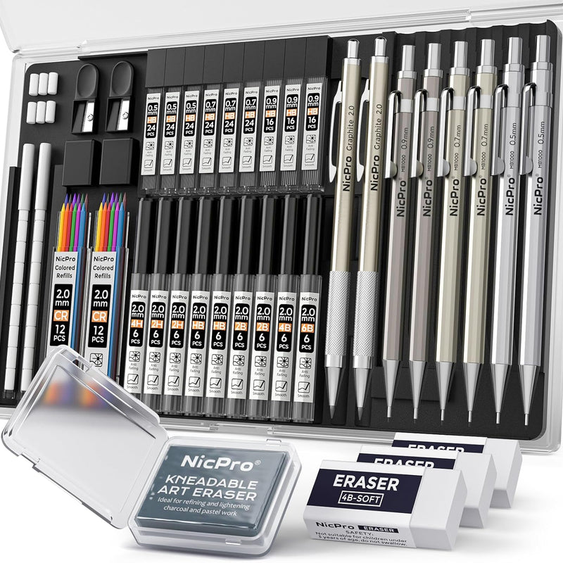 Nicpro 4 Pack Mechanical Pencil 0.7mm with Case, MB1000 Metal Mechanical Pencil Set with 6 Tube HB #2 Lead Refill 0.7 mm, 3PCS 4B Eraser, 9 Cap Eraser for Artist Drafting Writing, Sketching, Drawing