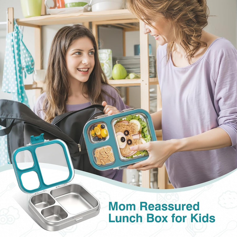 HOMEKOL Stainless Steel Bento Lunch Box, Blue, 3.3Cups | 3-Compartment,Leak-Proof, for Kids & Adults, BPA-Free, Dishwasher Safe, Clear Tritan Lid, 800ml (Not Insulated)